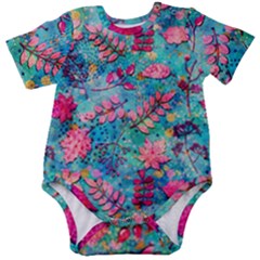 Pink On Blue Leaves Baby Short Sleeve Bodysuit by kyorashop23