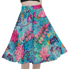 Pink On Blue Leaves A-line Full Circle Midi Skirt With Pocket by kyorashop23