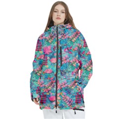 Pink On Blue Leaves Women s Multi Pockets Zip Ski And Snowboard Waterproof Breathable Jacket by kyorashop23