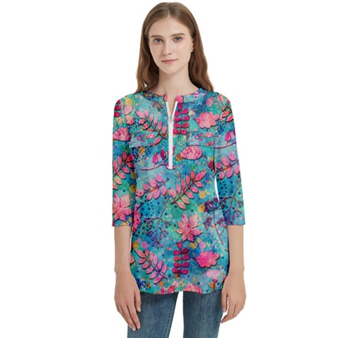 Pink On Blue Leaves Women s Zip Front V-neck 3/4 Sleeve Casual Top Pocket Shirt by kyorashop23