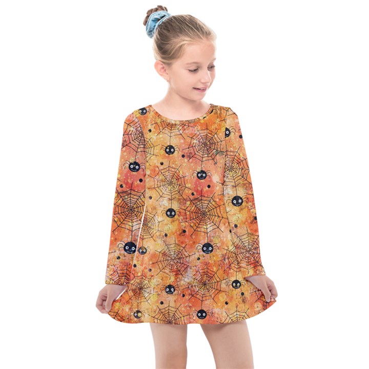 Spooky Spider Pattern, Adoxali, Halloween Kids  Long Sleeve Dress