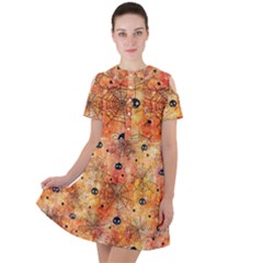 Spooky Spider Pattern, Adoxali, Halloween Short Sleeve Shoulder Cut Out Dress 