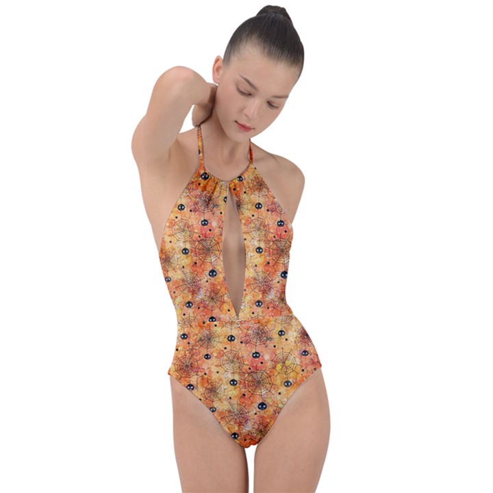 Spooky Spider Pattern, Adoxali, Halloween Plunge Cut Halter Swimsuit