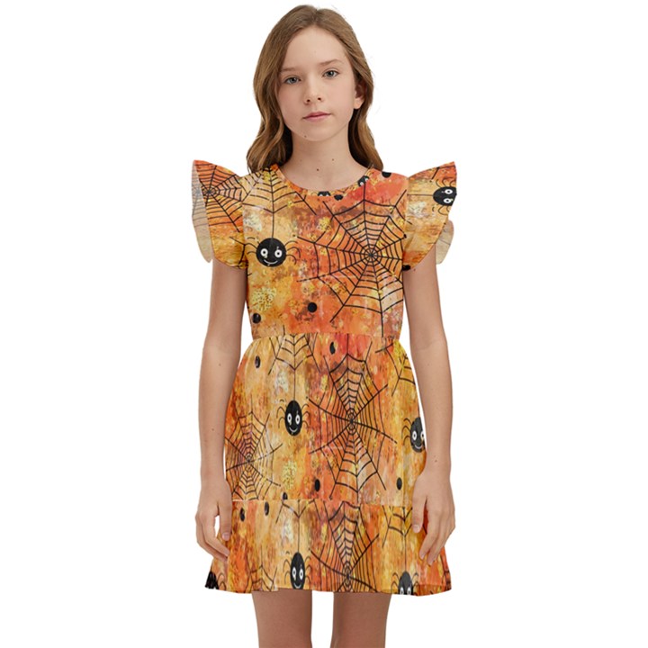 Spooky Spider Pattern, Adoxali, Halloween Kids  Winged Sleeve Dress