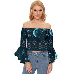 Star Wars Xmas, Star Wars, Christmas, Ugly Sweater Off Shoulder Flutter Bell Sleeve Top