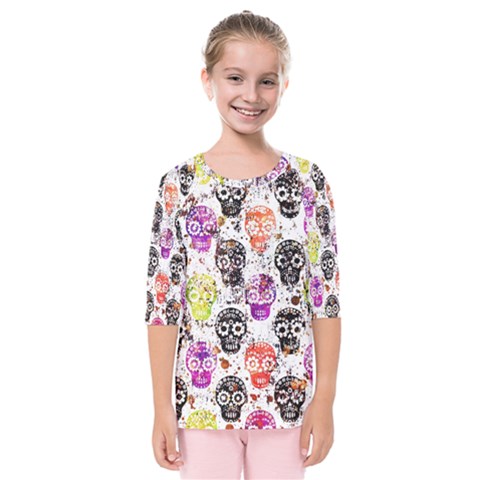 Sugar Skulls - Floral Kids  Quarter Sleeve Raglan T-shirt by kyorashop23