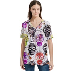 Sugar Skulls - Floral V-neck Split Shoulder Casual T-shirt by kyorashop23