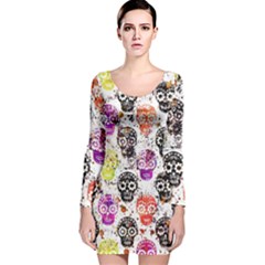 Sugar Skulls - Floral Long Sleeve Velvet Bodycon Dress