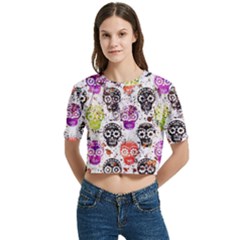 Sugar Skulls - Floral Women s Round Neck Short Sleeve Crop Top