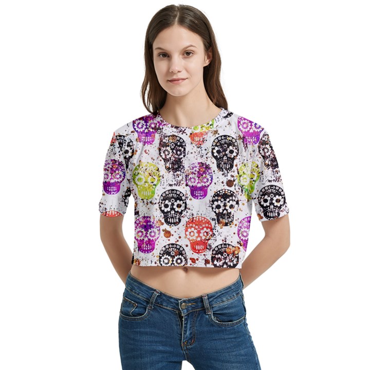 Sugar Skulls - Floral Women s Round Neck Short Sleeve Crop Top