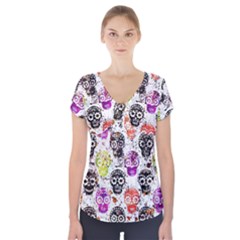 Sugar Skulls - Floral Short Sleeve Front Detail Top by kyorashop23