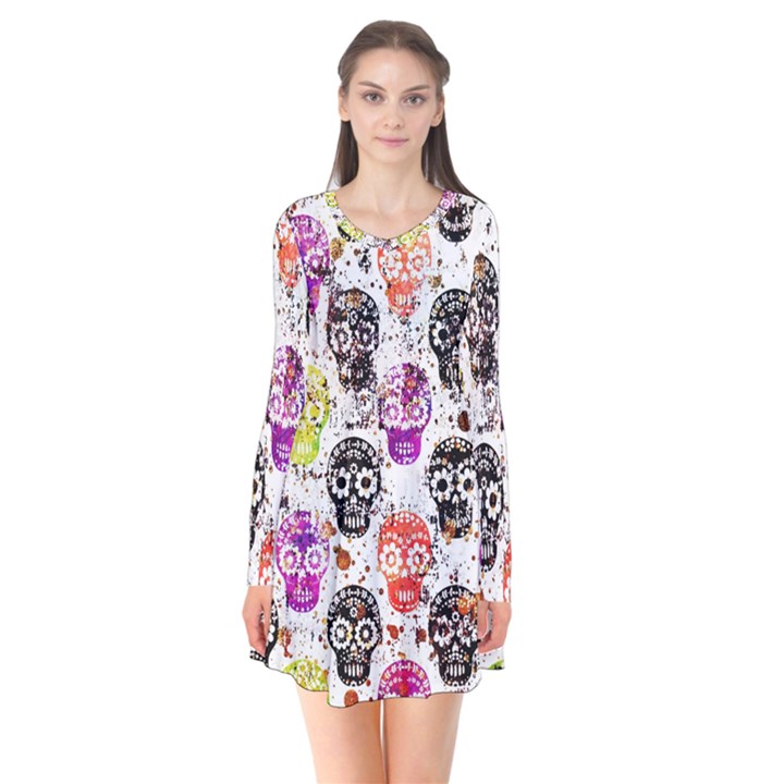 Sugar Skulls - Floral Long Sleeve V-neck Flare Dress