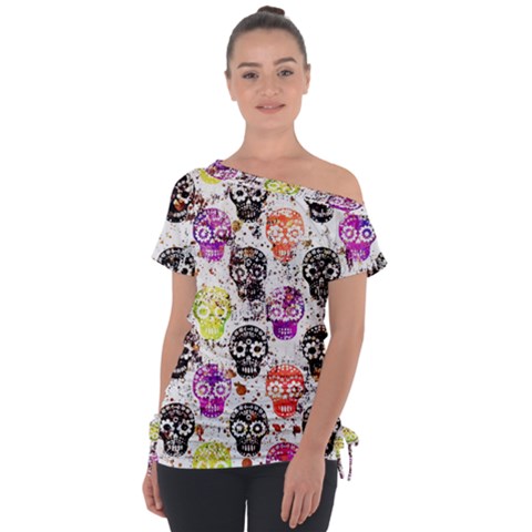 Sugar Skulls - Floral Off Shoulder Tie-up T-shirt by kyorashop23