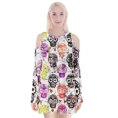 Sugar Skulls - Floral Velvet Long Sleeve Shoulder Cutout Dress