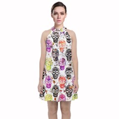 Sugar Skulls - Floral Velvet Halter Neckline Dress 