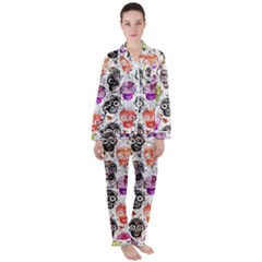 Sugar Skulls - Floral Women s Long Sleeve Satin Pajamas Set	