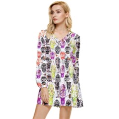 Sugar Skulls - Floral Tiered Long Sleeve Mini Dress by kyorashop23