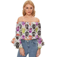 Sugar Skulls - Floral Off Shoulder Flutter Bell Sleeve Top