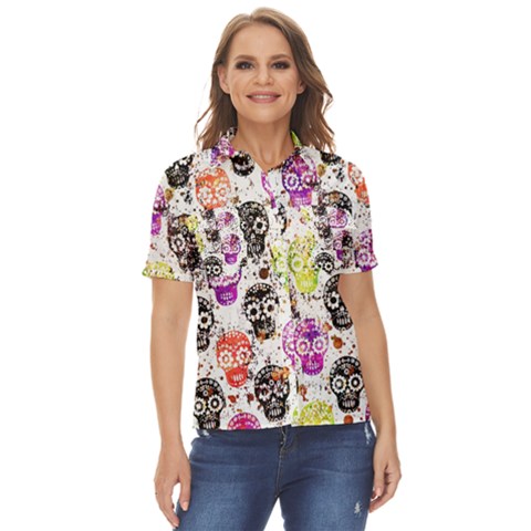 Sugar Skulls - Floral Women s Short Sleeve Double Pocket Shirt by kyorashop23