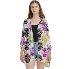 Sugar Skulls - Floral Open Front 3/4 Sleeve Batwing Chiffon Cardigan Kimono by kyorashop23