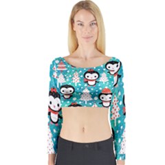 Blue Penguin Pattern, Adoxali, Christmas, Cute Long Sleeve Crop Top by kyorashop23