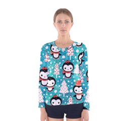 Blue Penguin Pattern, Adoxali, Christmas, Cute Women s Long Sleeve T-shirt