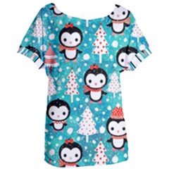 Blue Penguin Pattern, Adoxali, Christmas, Cute Women s Oversized T-Shirt