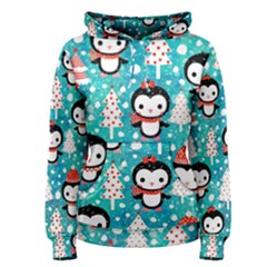 Blue Penguin Pattern, Adoxali, Christmas, Cute Women s Pullover Hoodie