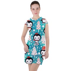 Blue Penguin Pattern, Adoxali, Christmas, Cute Drawstring Hooded Dress by kyorashop23