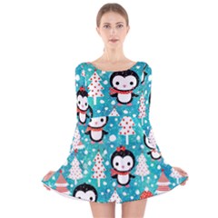 Blue Penguin Pattern, Adoxali, Christmas, Cute Long Sleeve Velvet Skater Dress