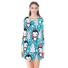 Blue Penguin Pattern, Adoxali, Christmas, Cute Long Sleeve V-neck Flare Dress