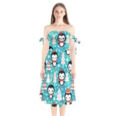 Blue Penguin Pattern, Adoxali, Christmas, Cute Shoulder Tie Bardot Midi Dress