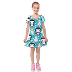 Blue Penguin Pattern, Adoxali, Christmas, Cute Kids  Short Sleeve Velvet Dress