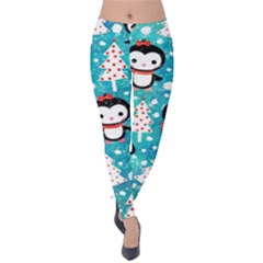 Blue Penguin Pattern, Adoxali, Christmas, Cute Velvet Leggings