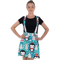 Blue Penguin Pattern, Adoxali, Christmas, Cute Velvet Suspender Skater Skirt