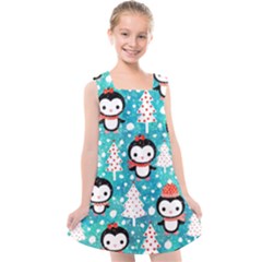 Blue Penguin Pattern, Adoxali, Christmas, Cute Kids  Cross Back Dress