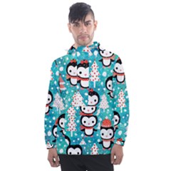 Blue Penguin Pattern, Adoxali, Christmas, Cute Men s Front Pocket Pullover Windbreaker