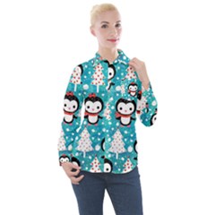 Blue Penguin Pattern, Adoxali, Christmas, Cute Women s Long Sleeve Pocket Shirt