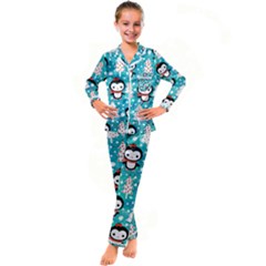 Blue Penguin Pattern, Adoxali, Christmas, Cute Kids  Satin Long Sleeve Pajamas Set