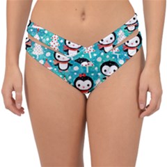 Blue Penguin Pattern, Adoxali, Christmas, Cute Double Strap Halter Bikini Bottoms