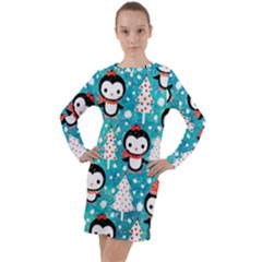 Blue Penguin Pattern, Adoxali, Christmas, Cute Long Sleeve Hoodie Dress