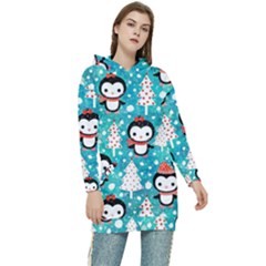 Blue Penguin Pattern, Adoxali, Christmas, Cute Women s Long Oversized Pullover Hoodie