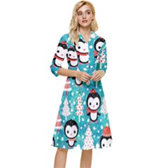 Blue Penguin Pattern, Adoxali, Christmas, Cute Classy Knee Length Dress