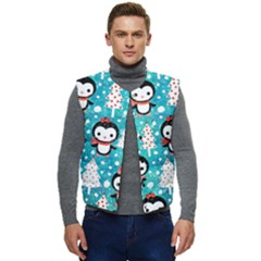 Blue Penguin Pattern, Adoxali, Christmas, Cute Men s Button Up Puffer Vest	