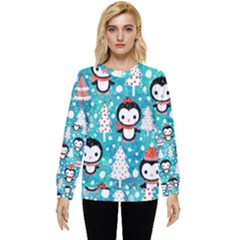 Blue Penguin Pattern, Adoxali, Christmas, Cute Hidden Pocket Sweatshirt