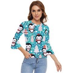 Blue Penguin Pattern, Adoxali, Christmas, Cute Bell Sleeve Top