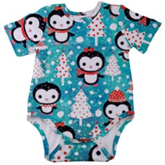 Blue Penguin Pattern, Adoxali, Christmas, Cute Baby Short Sleeve Bodysuit by kyorashop23