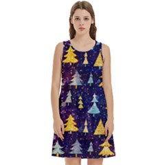 Gold And Blue Trees, Adoxali, Christmas Round Neck Sleeve Casual Dress With Pockets