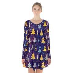 Gold And Blue Trees, Adoxali, Christmas Long Sleeve Velvet V-neck Dress