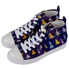 Gold And Blue Trees, Adoxali, Christmas Women s Mid-top Canvas Sneakers by kyorashop23